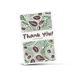 A rectangular card featuring a patterned design of leaves and coffee beans in green and brown, with a thank you message.