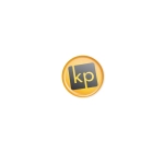 A circular resin-coated label featuring a black logo with the letters "kp" on a gold background.