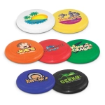 A collection of colourful frisbees in various shades, featuring different logos and designs.