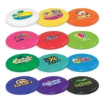 A set of colourful flying discs featuring various logos and designs in white, blue, green, yellow, pink, and black.
