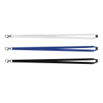 A set of three lanyards in white, blue, and black, each with a metal clip and branding.