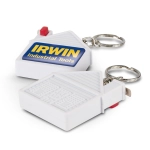 A white house-shaped tape measure key ring with a keychain attachment, featuring a logo.