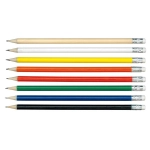 A collection of eight pencils in various colours: red, yellow, green, blue, black, and white, with silver ferrules.