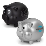 A black piggy bank and a silver piggy bank, both featuring eyes and a slot for coins, with logos on the silver one.
