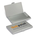 A silver aluminium business card case featuring a logo, with a hinged opening for storage.