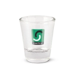 A Boston shot glass featuring a colorful logo design.