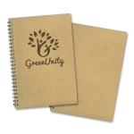 A medium kraft notepad with a spiral binding and a printed logo on the front cover.