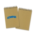 A small Kraft note pad featuring a blue logo on a brown cover, with a spiral binding at the top.