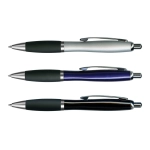 A collection of three metal pens in silver, blue, and black, each with a textured grip and chrome accents.