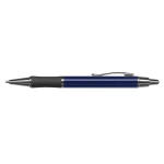 A metal pen with a sleek blue barrel, black grip, and silver accents.