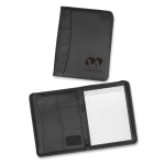 A black zip portfolio with an interior notepad, card slots, and a logo on the cover.