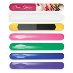 A set of nail files in various colours, including white, yellow, pink, green, blue, and purple, with a logo on one file.