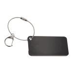 A black aluminium identification tag with a keyring, featuring a smooth surface and rounded edges.
