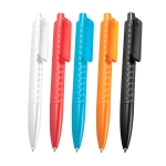 A set of geometric ballpoint pens in white, red, blue, orange, and black, featuring a textured design and clips.