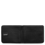 A black recycled fold wallet featuring multiple card slots and a transparent ID pocket, with a logo on the side.