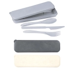 A bamboo fibre cutlery set in grey, black, and cream, featuring a knife, fork, spoon, and a storage case with a logo.