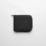 A black recycled zip wallet with a textured surface, featuring a zip closure and a small branding logo.