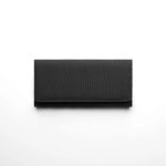 A black recycled long wallet with a simple design, featuring a logo on the surface.