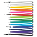 A collection of custom printed lanyards in various colours including white, yellow, orange, green, blue, and purple, with clips.