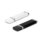 A black and white Quadra 4GB flash drive with a sleek design and a metallic finish.