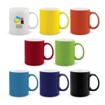A set of eight coffee mugs in various colours: white, yellow, orange, red, green, blue, black, and a logo on one mug.