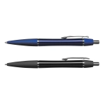 Two metal pens are displayed: one with a blue finish and chrome accents, and the other in a matte black finish with chrome details.