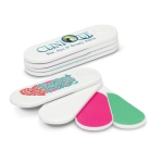 A nail care kit featuring various filing pads in different colors, presented in a compact case with branding.