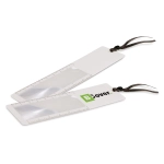 A Bookmark Magnifier in white with a transparent magnifying section and a brown tassel. It features a logo.