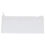 A white pencil case with a zip closure, featuring a simple design and a transparent material.