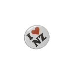 A round button badge, 37mm in size, featuring the text "I ❤️ NZ" in bold black letters with a red heart icon.