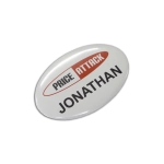 An oval button badge in white, featuring a logo and the name "Jonathan" in bold black text.