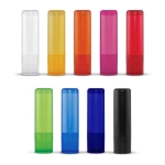 A collection of lip balm tubes in various colours, including clear, yellow, orange, pink, red, green, blue, and black.