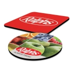 A red and circular mouse mat featuring a fruit collage design, with a logo and a smooth surface.