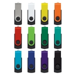 A collection of Helix 8GB flash drives in various colours including silver, white, orange, green, blue, and purple, with black bases.