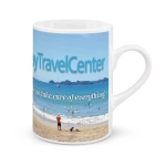 A coffee mug featuring a scenic beach view with text that reads "EasyTravelCenter: Where we take care of everything!"