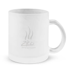 A Venetian glass coffee mug with a frosted finish and a logo printed on the front.