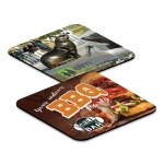 A pair of Flexi Coasters featuring two different designs: one with a sculpture and another with BBQ imagery.