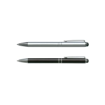 A metal stylus pen set featuring a silver pen and a black pen, each with a sleek design and clip.