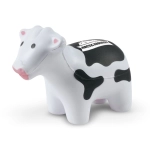 A stress relief toy in the shape of a cow, featuring a black and white design with a smiling expression.