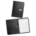 A large black leather portfolio featuring a notepad and an interior pocket, along with a branding logo.