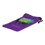 A purple microfibre pouch with a drawstring, featuring a logo and a world map design.