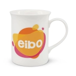 A white porcelain coffee mug featuring a vibrant orange and pink abstract design and a handle.