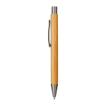 A bamboo ballpoint pen with a metallic clip and tip, featuring a sleek, natural wood design.