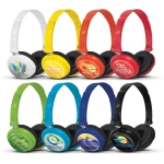 Eight pairs of headphones in various colours, including white, yellow, red, orange, green, blue, and black, each with a logo.