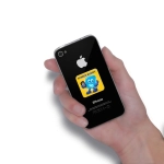 A phone displaying a Screen Buddy cleaning cloth design on its back.