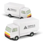 Two small, white stress relief trucks with black and yellow accents and a logo on the side.
