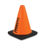 An orange stress road cone with a black base and a logo printed on the side.