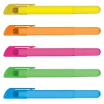Five wax highlighters in yellow, orange, pink, green, and blue, featuring caps for each colour. Each has a textured grip and a logo.