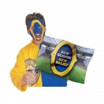A supporter dressed in team colors with a painted face holds a flag featuring the text "NEW SEASON NEW BELIEF."