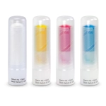 Four Zinc Stick containers in clear and coloured variations: yellow, pink, and blue, all with transparent caps.